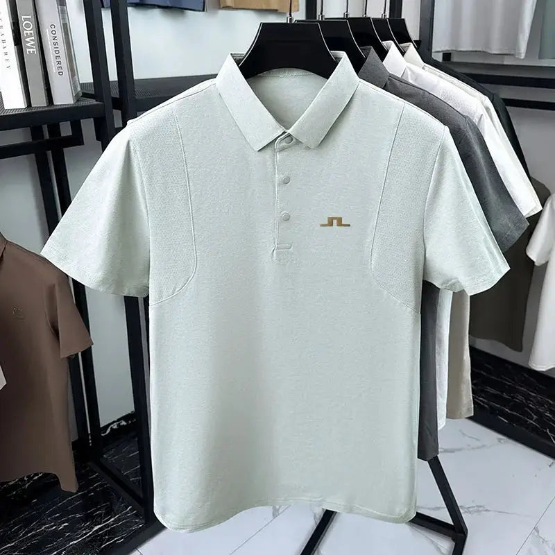 Men's mint-green polo shirt by Simples Market; short-sleeve, gold logo, minimalist design, six shirts on display.