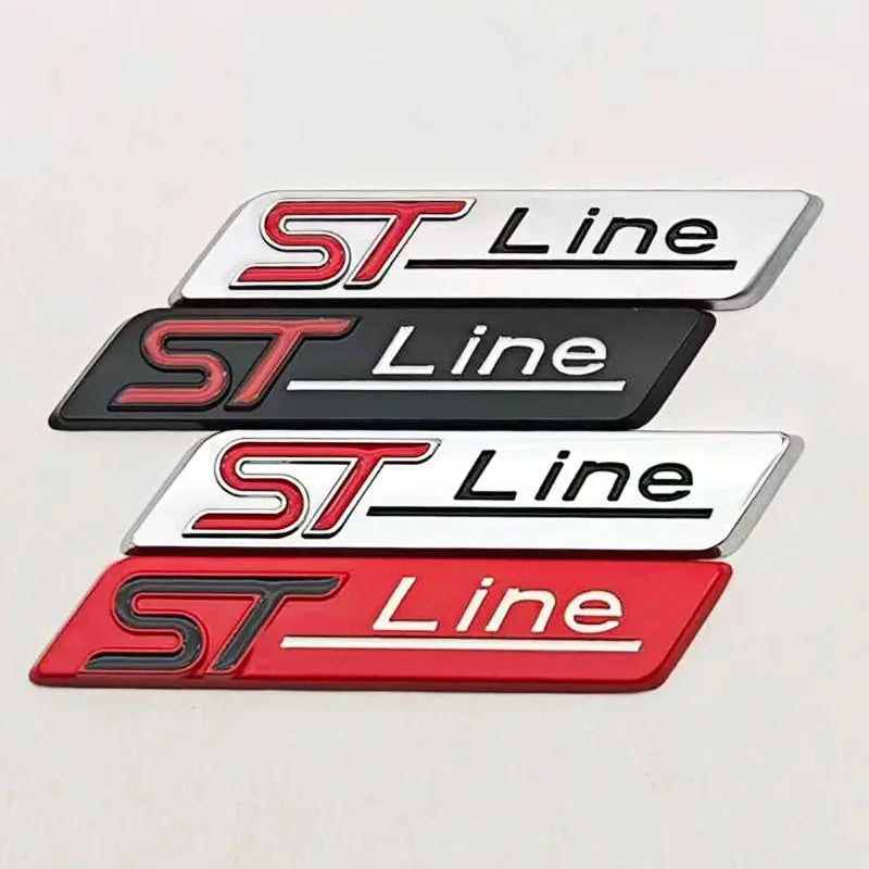 Set of four 3D ST Line car badges emblems in white, black, white, and red metal finishes