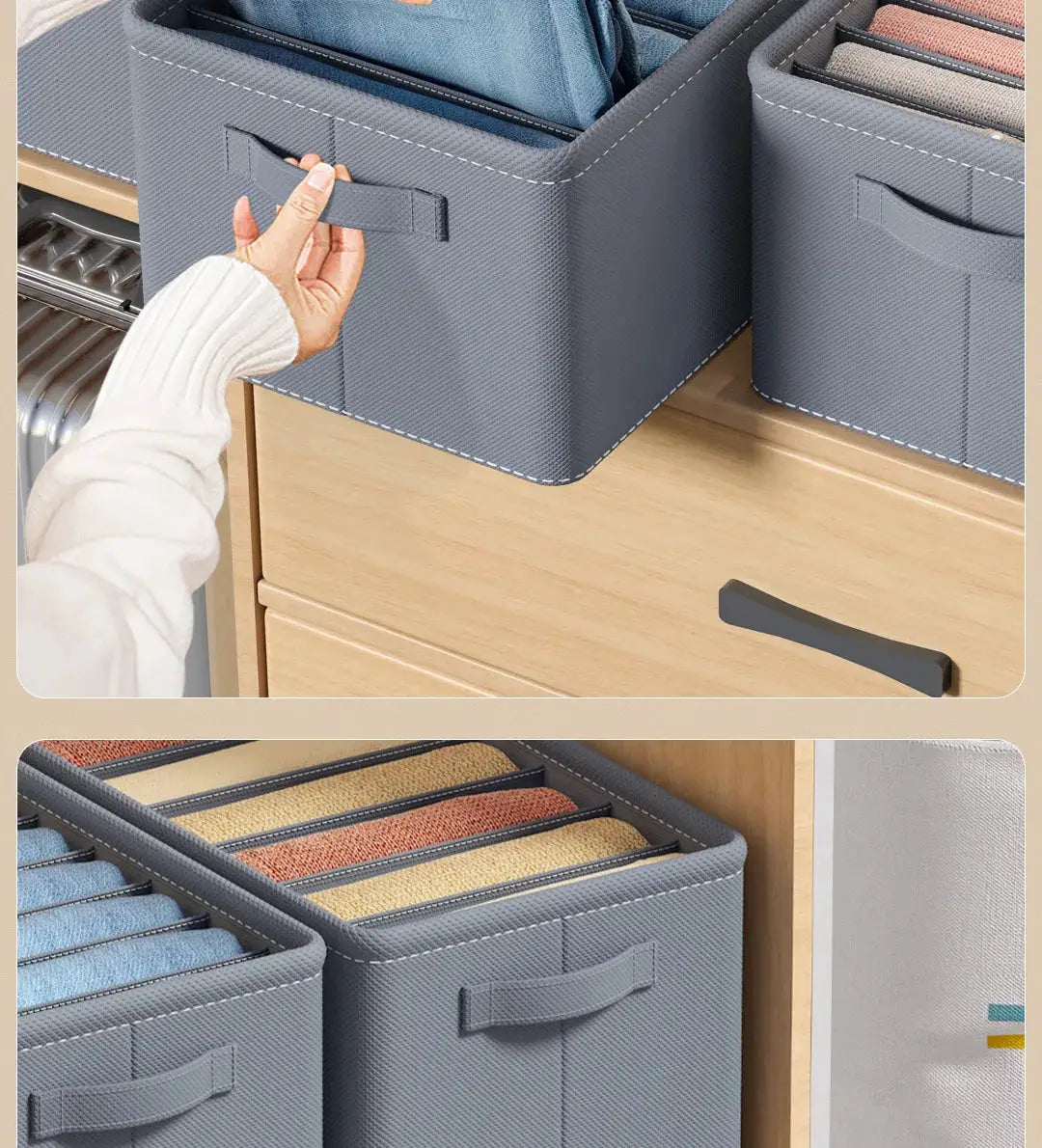 Pants storage box, grey fabric, foldable 9-grid wardrobe organizer; Simples Market set of 4 with handles.