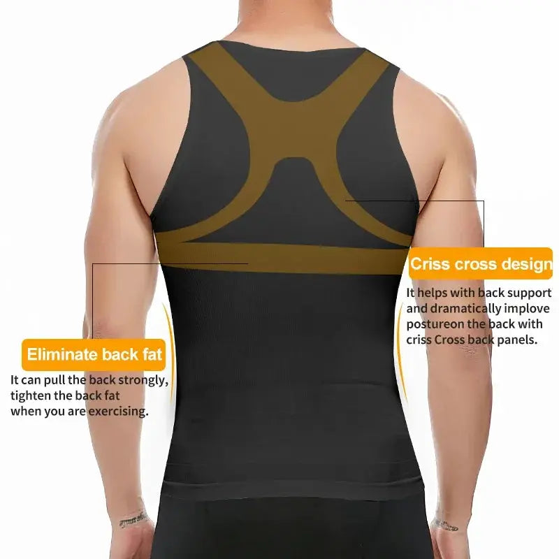 Men's slimming body shaper shapewear by Simples Market; black compression shirt with tan criss-cross back panels.