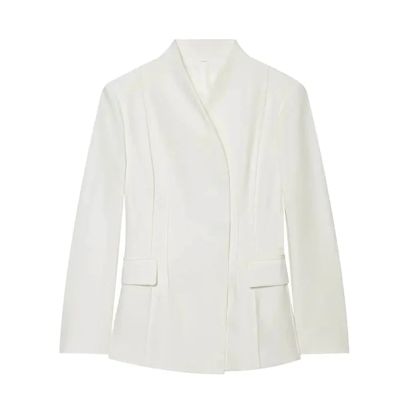 ETJ 2025 women's white slim suit jacket with high collar and tailored seams, Simples Market