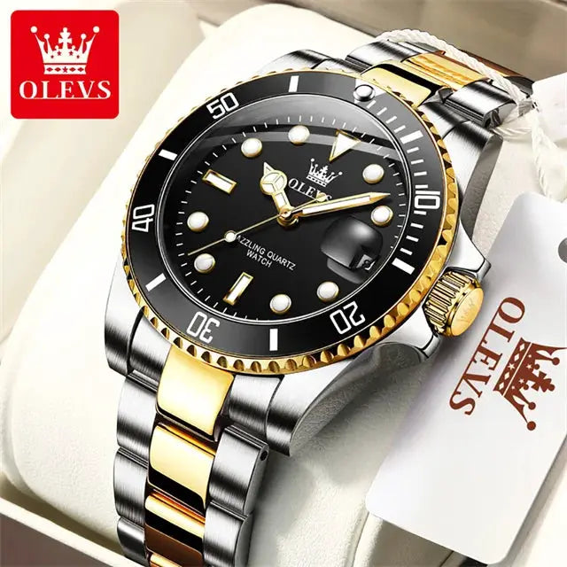 OLEVS men's dive watch with stainless steel two-tone bracelet, black dial and gold bezel; OLEVS logo visible