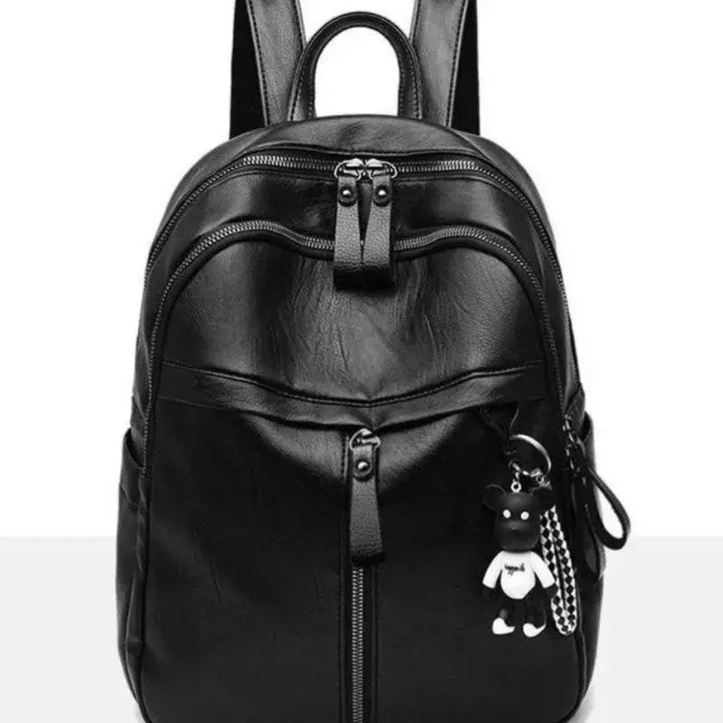 Simples Market black leather backpack for women with front pocket and bear keychain