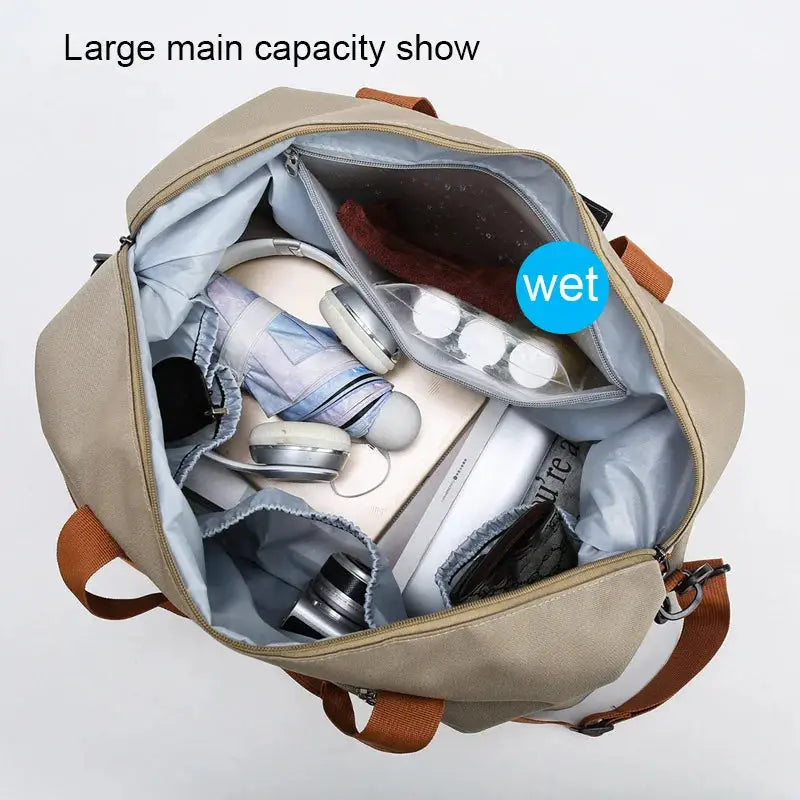 Travel gym bag by Simples Market, beige canvas with brown straps, large main compartment and wet pocket.