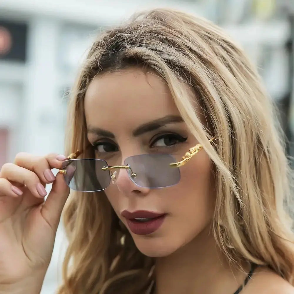 EliteLux Rimless Leopard Head Design Sunglasses Unisex Square Frame With UV Protection For Travel