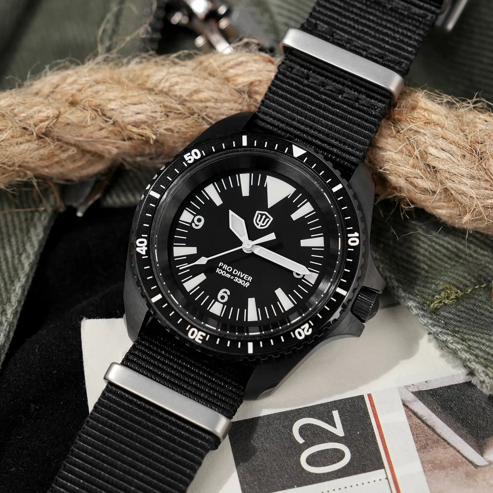 Watchdives WD1980 V3 diver watch with black dial and NATO strap
