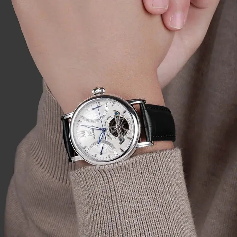 Shanghai Watch 42mm automatic mechanical wristwatch with stainless steel case, blue hands, black leather strap