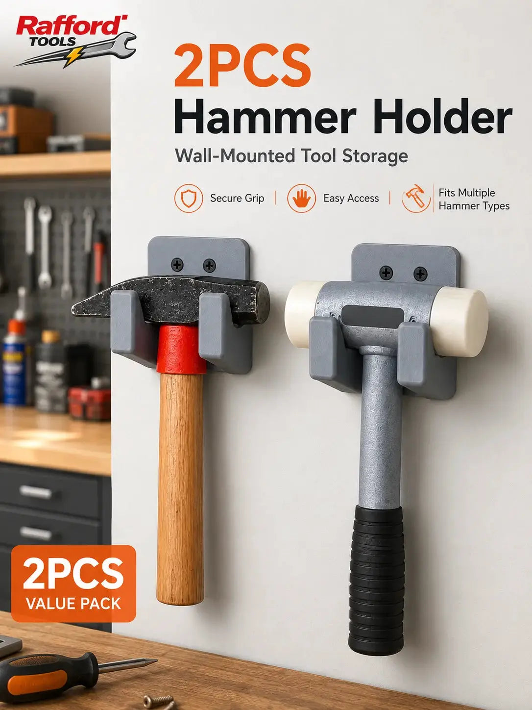 Rafford hammer holders 2-pack wall-mounted tool storage; grey brackets hold two hammers.