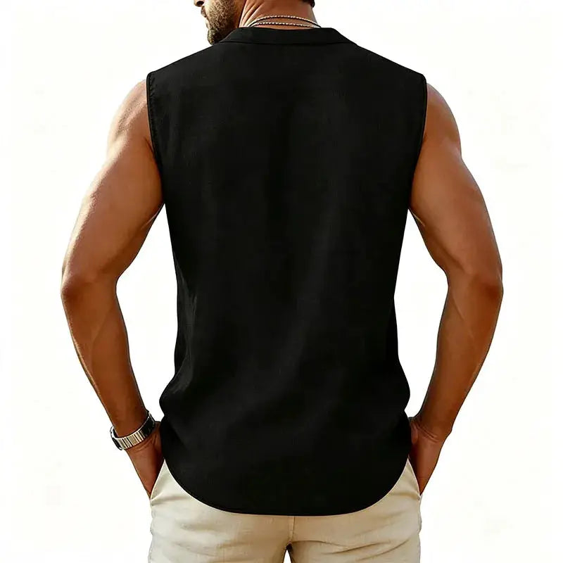 Simples Market black cotton-linen sleeveless shirt, regular fit, back view on model