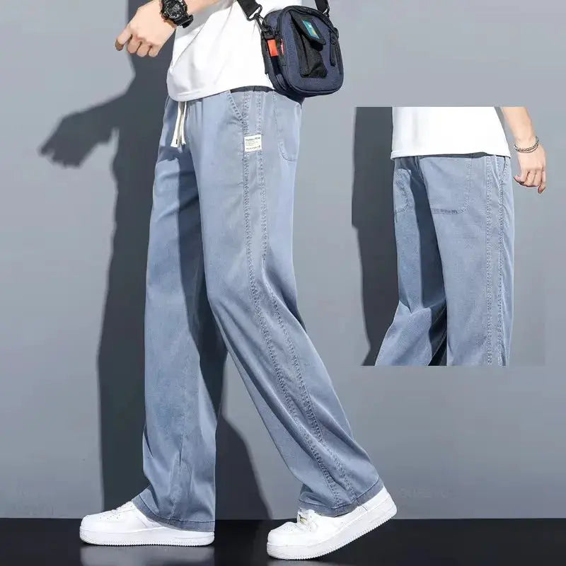 Simples Market Summer Soft Lyocell men's jeans, light-blue loose straight pants with drawstring elastic waist.