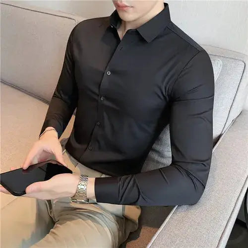 Plus-size 4XL-M men's seamless long-sleeve shirt black high-elasticity Simples Market slim casual formal top
