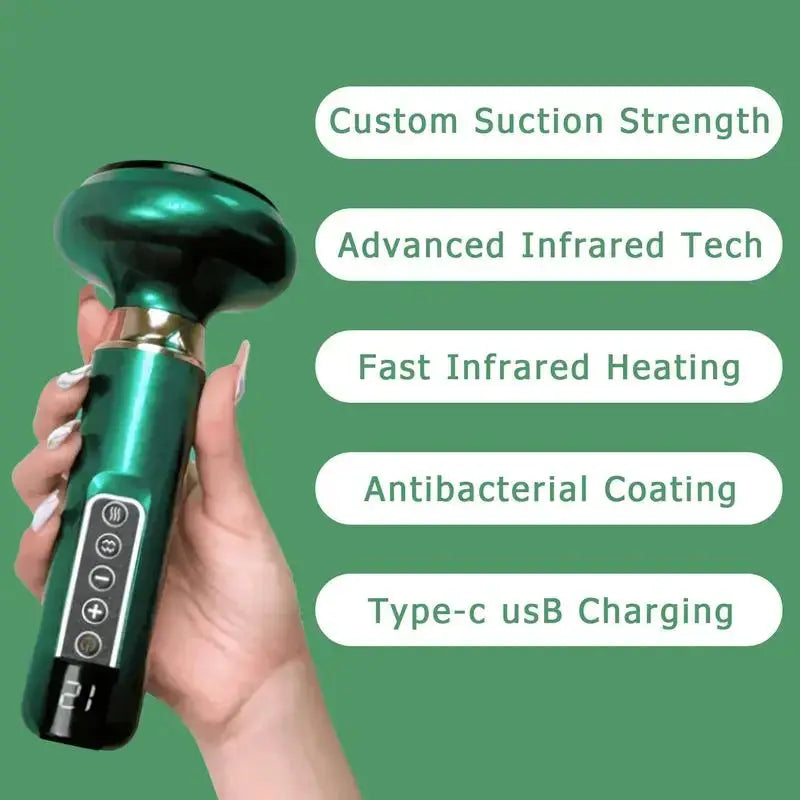 Handheld green anti-cellulite massager with suction cup head, infrared heating, and Type-C USB charging
