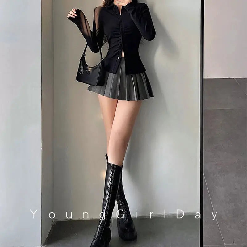 Pleated skirt with built-in shorts, high-waisted gray mini skirt in A-line style