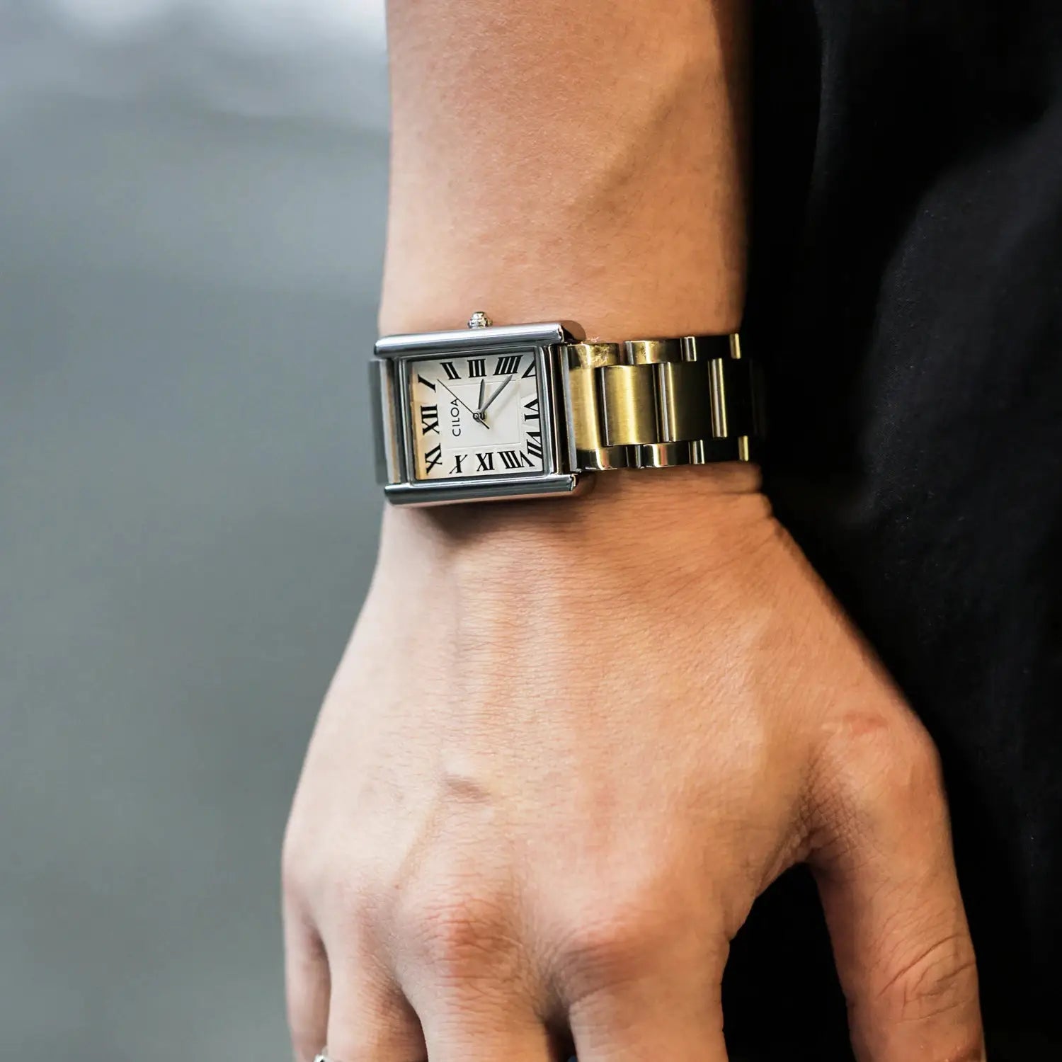CILOA men's luxury retro square watch with silver case, cream dial, and gold-tone bracelet