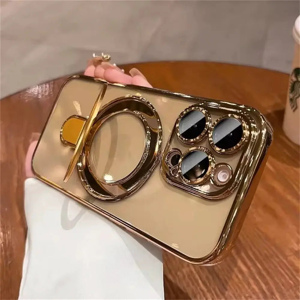 MagSafe bracket phone case in gold with ring stand and lens protector rings by Simples Market