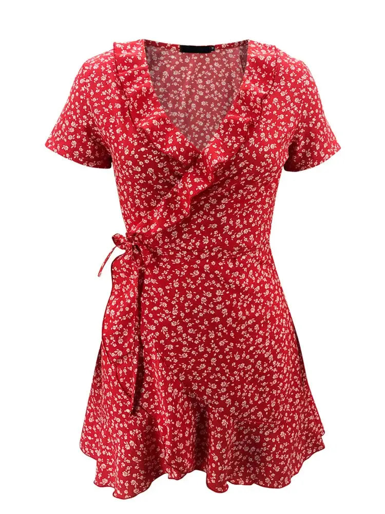 Summer Floral A Line Dress For Women V Neck Ruffles Mini Dress