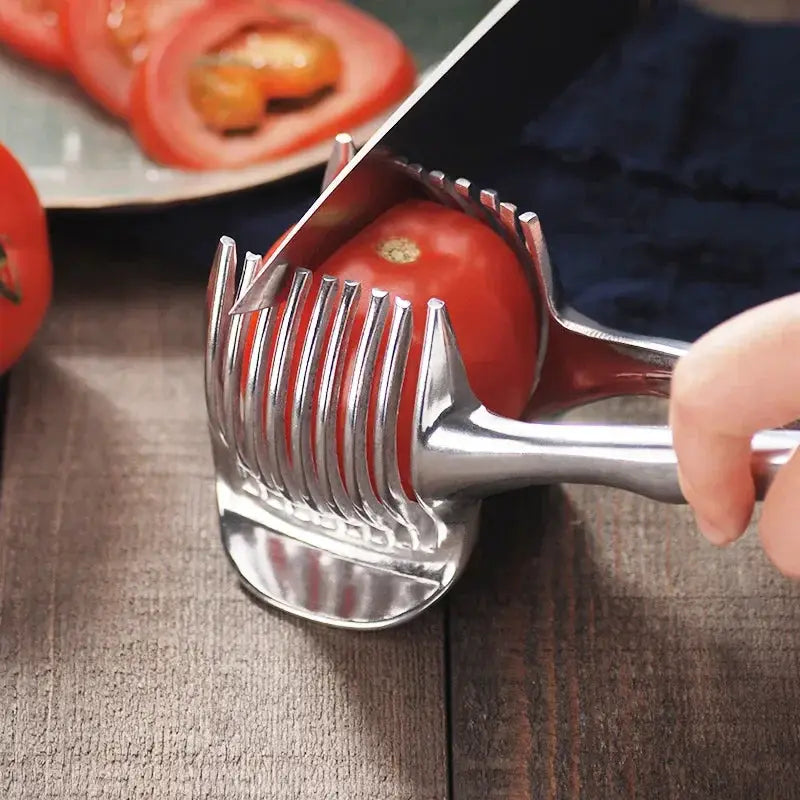 SwiftSlice Stainless Steel Handheld Fruit And Vegetable Slicer For Precise Uniform Slices Of Tomatoes Lemons And Onions