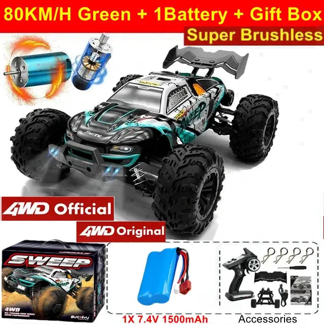 4WD Remote Control Off Road 4X4 High Speed Brushless Buggy Truck 80 KMH Drift Racing Toy for Kids and Adults