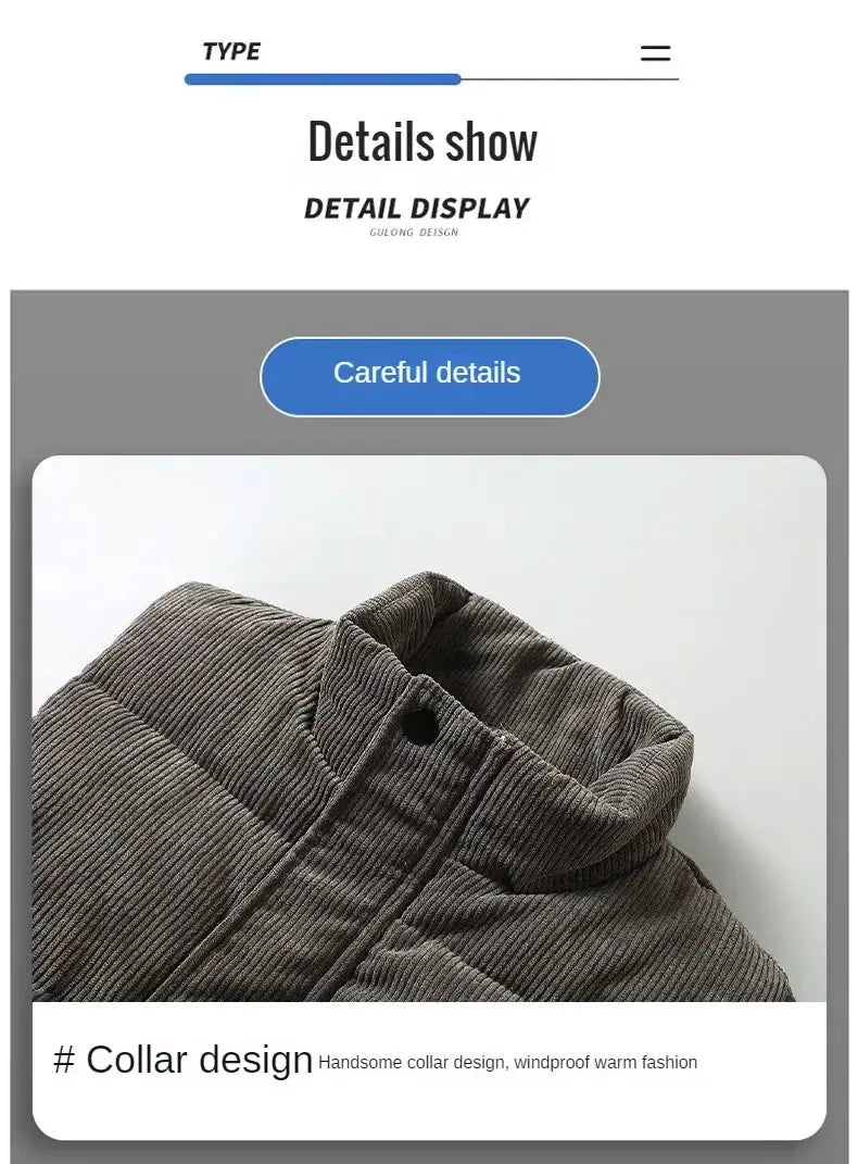 Men's padded corduroy vest in gray with a stand collar design
