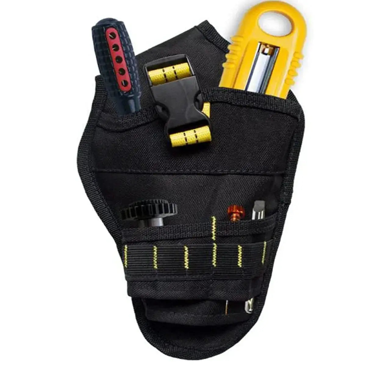 Power tool holster Simples Market; black fabric pouch with belt clip holding drill, knife and bits