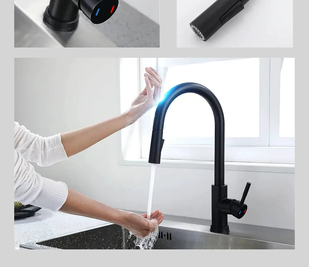 Black matte pull-out kitchen faucet with touch sensor control over stainless steel sink