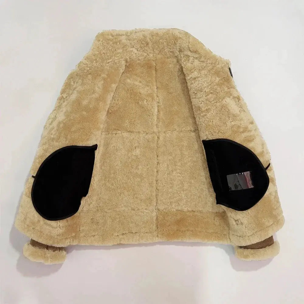 Men's sheepskin shearling fur jacket, beige with black pocket patches, Simples Market