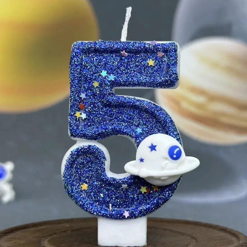 Planet Themed Spaceship Digital Candle 0 To 9 Dark Blue Birthday Cake Decoration For Outer Space Party