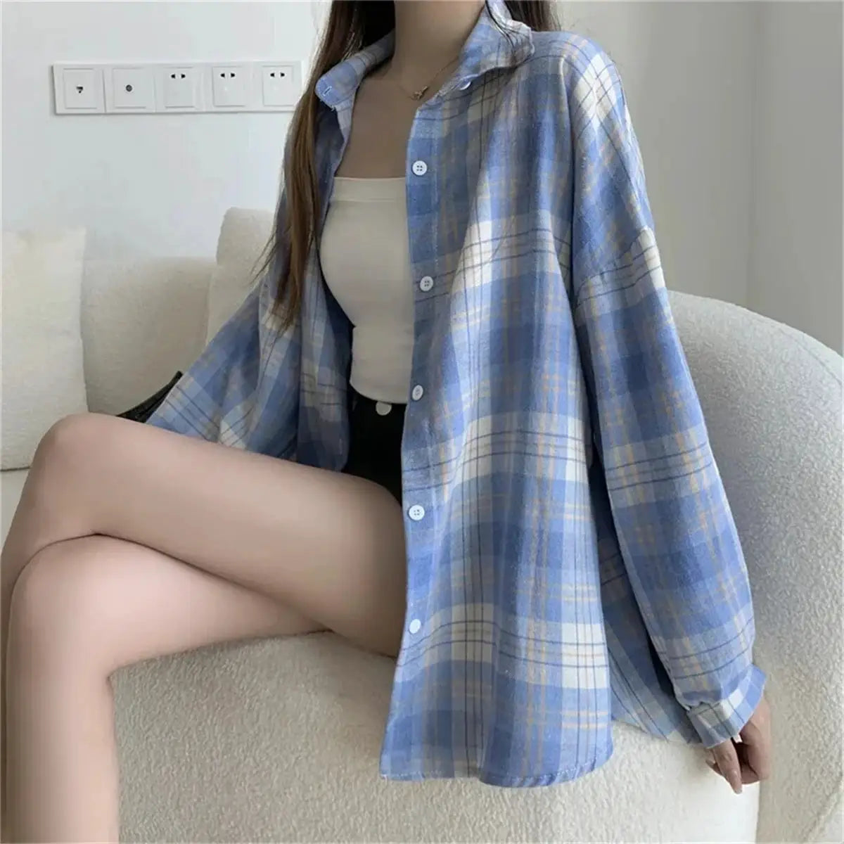 Korean plaid blouse for women by Simples Market, blue check, long-sleeve button-down shirt.