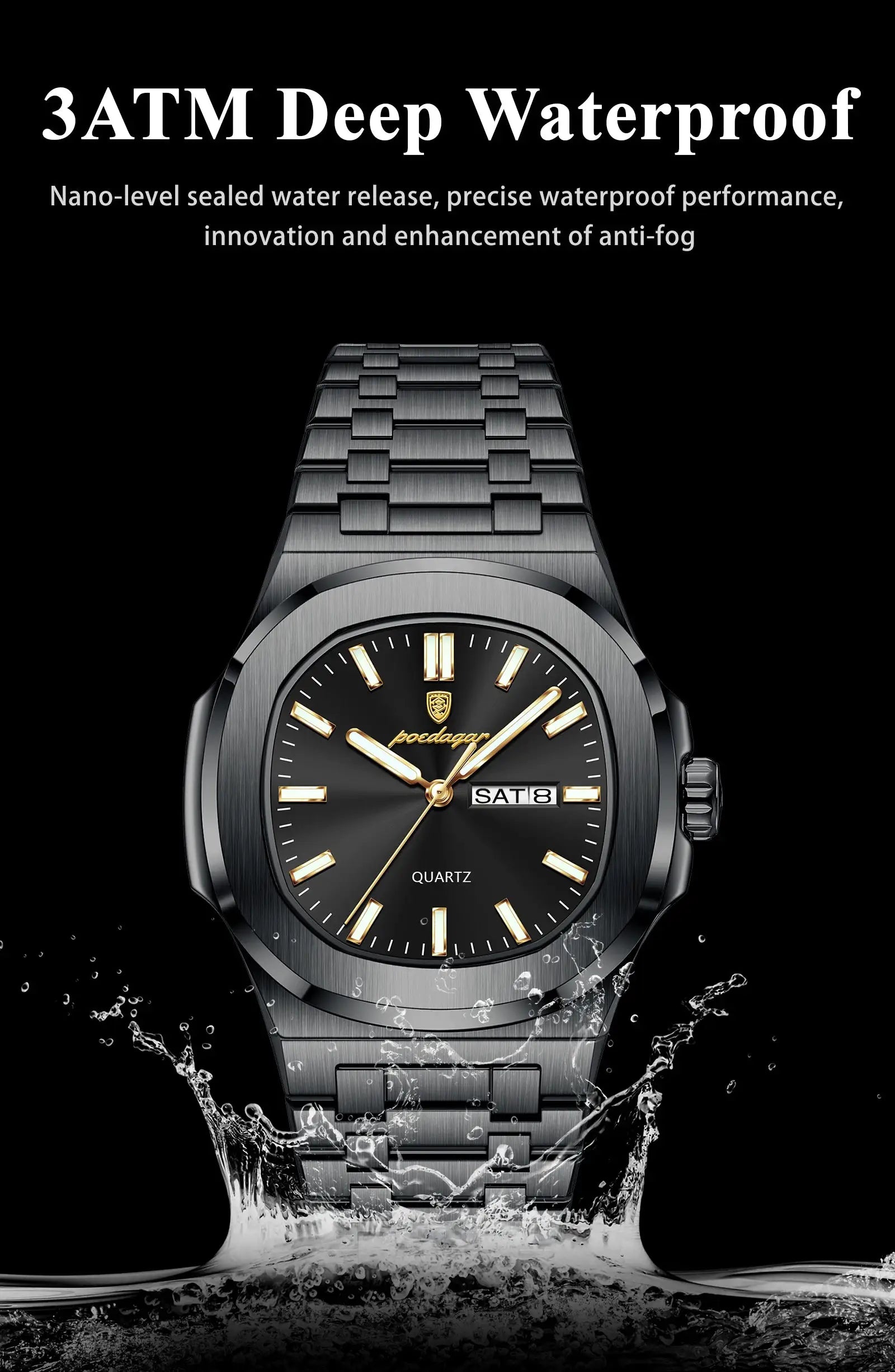 POEDAGAR stainless steel men's wristwatch with black dial, gold-tone markers and date window