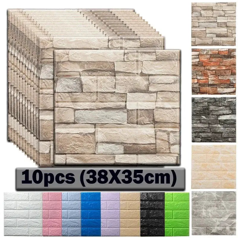 10pcs Simples Market self-adhesive 3D brick wall stickers, beige stone panels, waterproof peel-and-stick wallpaper.