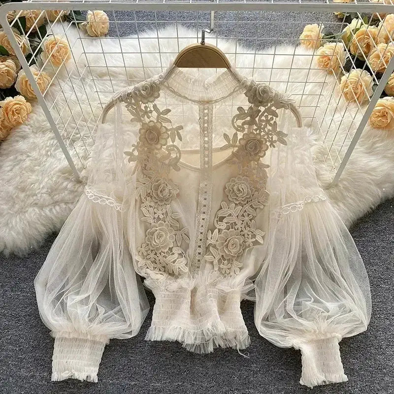 Lace puff long sleeve blouse in ivory with sheer tulle sleeves and floral appliqué details.