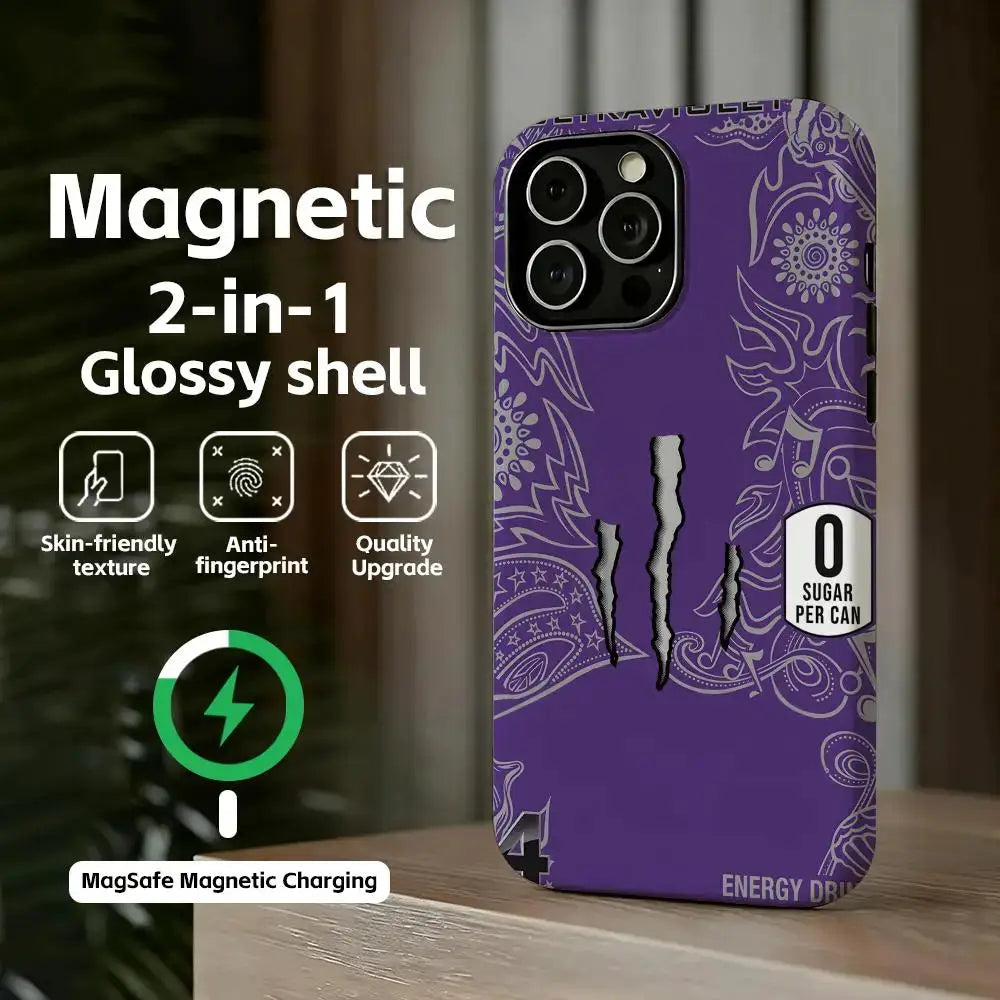 Phone case: M-MonsterES purple glossy shell with Monster Energy design; MagSafe compatible for iPhone 11–17 models