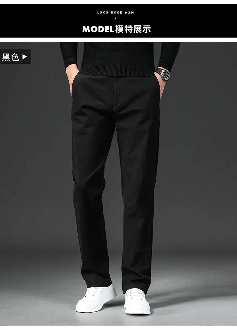 Men's black cotton-stretch straight-fit chino pants for casual and workwear