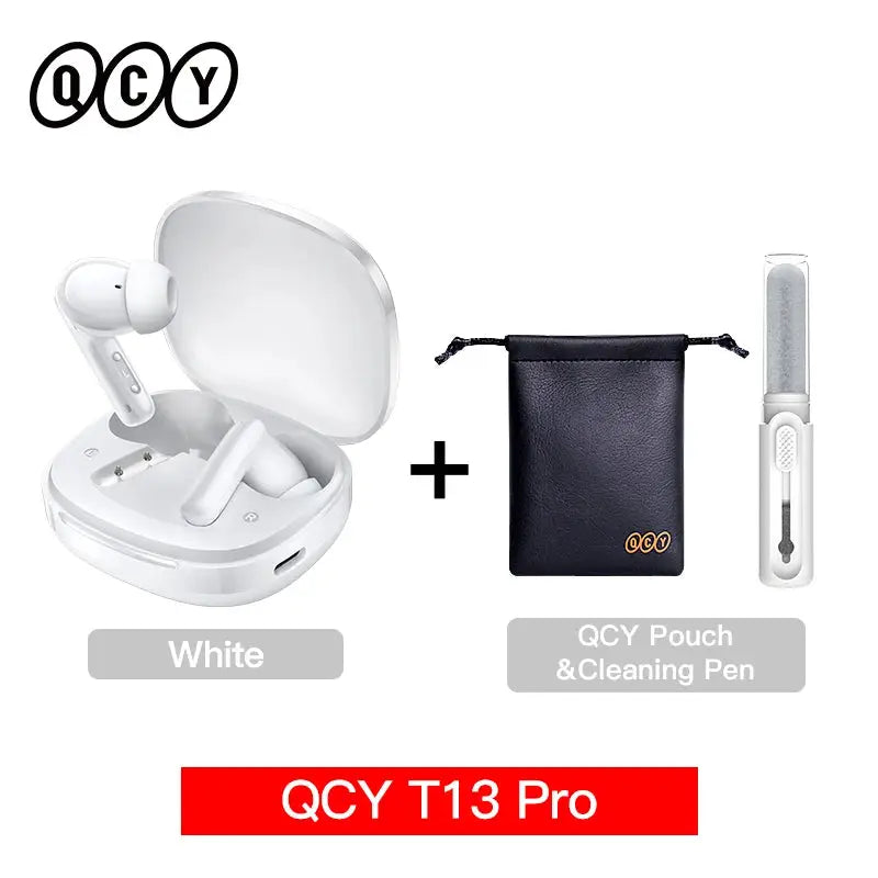 QCY T13 Pro wireless earbuds in white with charging case; includes black pouch and cleaning pen