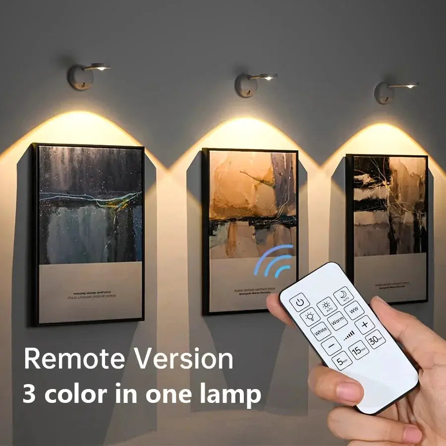 HPH USB rechargeable intelligent wall light with remote; three dimmable LED spotlights over framed art