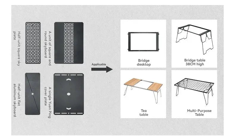 CAMPINGMOON CK-25BK-1PIGT camping table kit by Simples Market, aluminum frame, shown as bridge desktop and tea table.