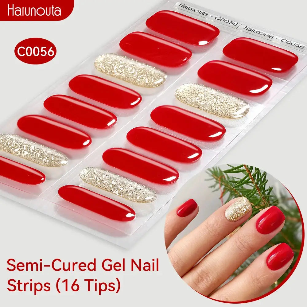 Harunouta Gradient Auroras semi-cured gel nail strips; red glossy and gold glitter, 16 tips, UV/LED compatible