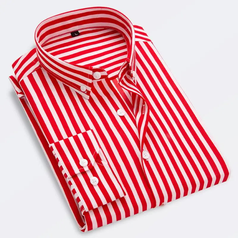 Men's red and white striped dress shirt, long sleeve, button-down, folded laydown.