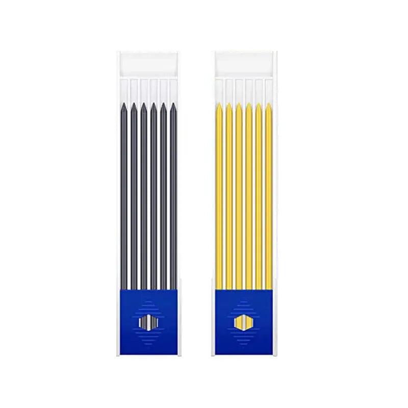 Carpenter pencil refills 2.8mm with long-nosed deep-hole tip and built-in sharpener; two sets black/gray and yellow