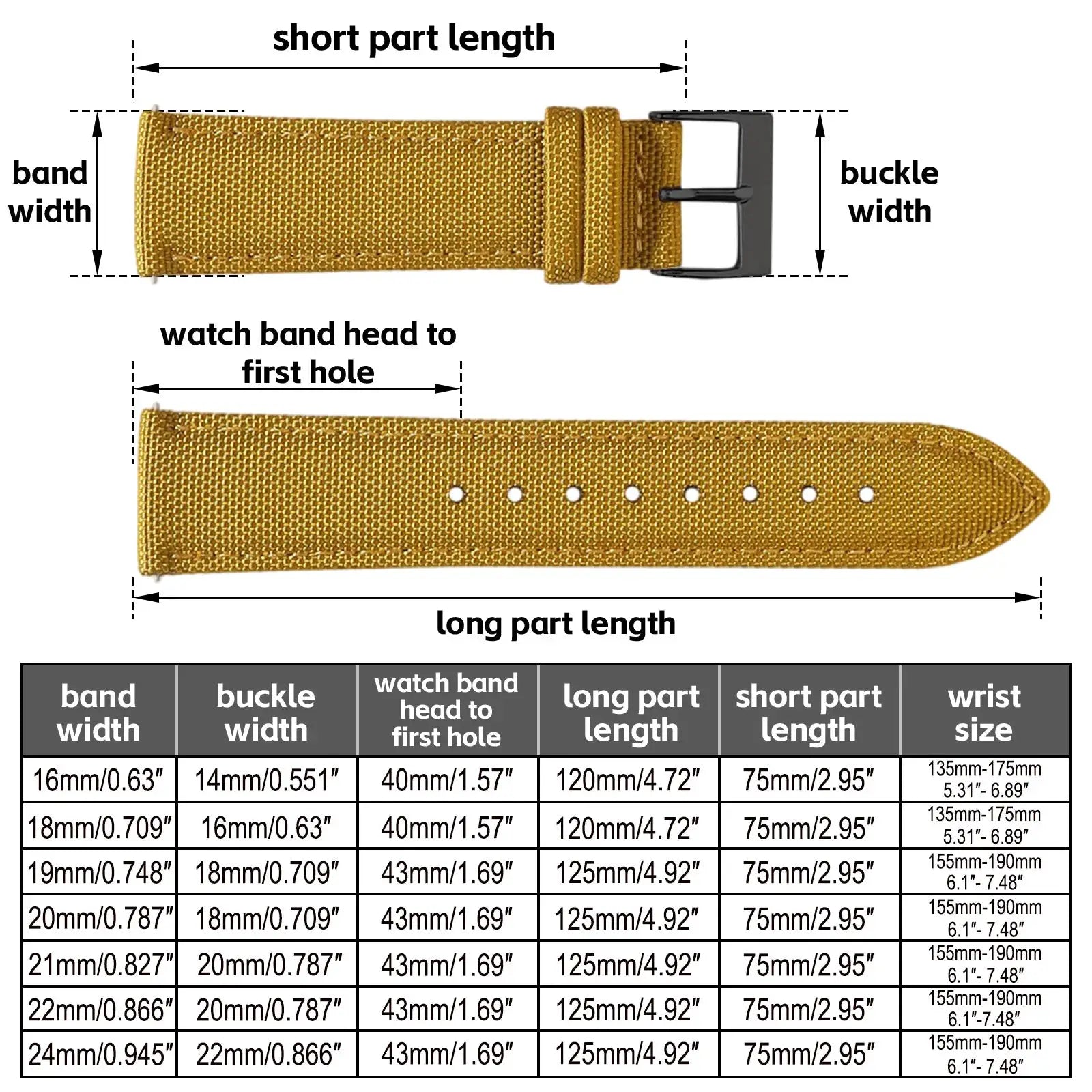 Watch strap by Simples Market in waterproof mustard-yellow two-sided nylon Sailcloth with quick-release buckle for men