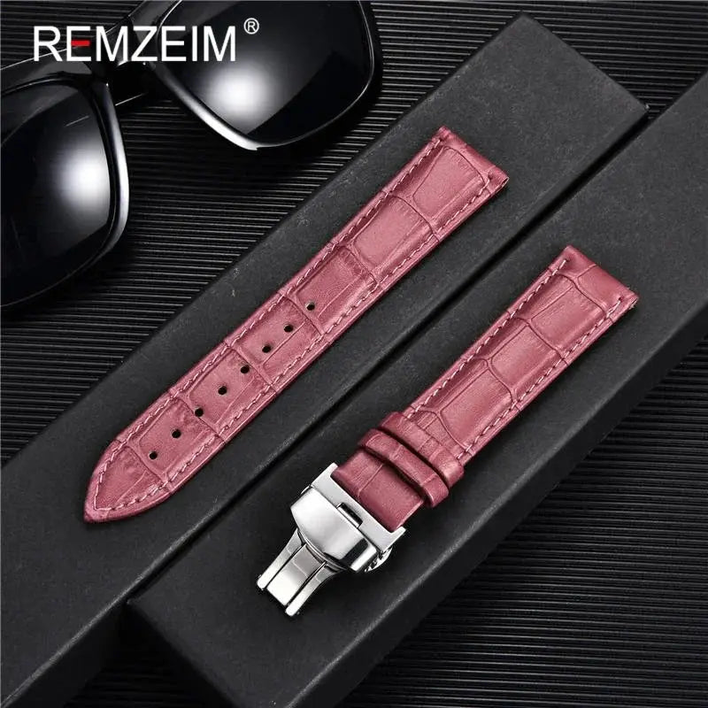 Remzeim Bamboo Pattern Genuine Leather Watch Strap First Layer Cowhide With Steel Butterfly Buckle 18mm 20mm 22mm 24mm