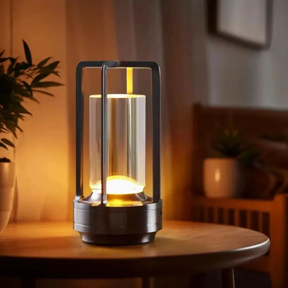 GGbingo cordless LED table lamp by Simples Market, metal frame with glass inner tube, warm ambient light