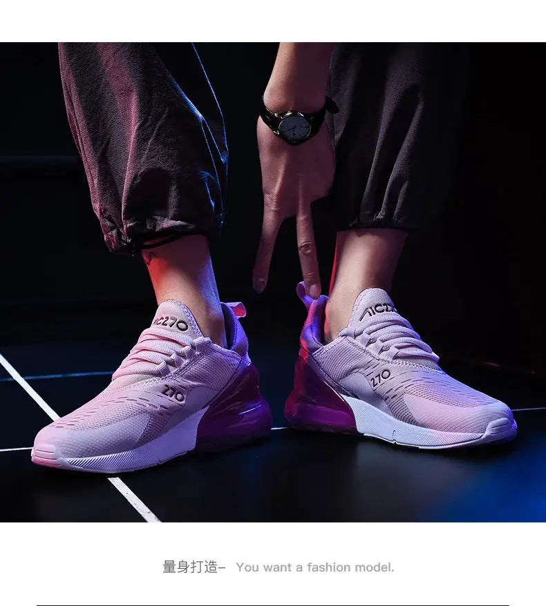 Pair of mesh sneakers with gradient pink and purple, breathable platform casual shoes