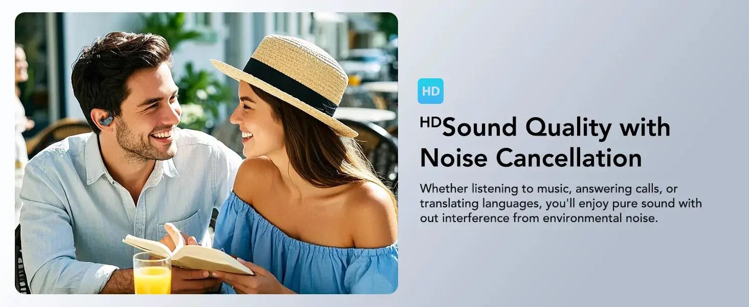ERAZER X8 AI Translator Earbuds by Simples Market; wireless Bluetooth 5.4 earphones with mic worn by a couple outdoors.