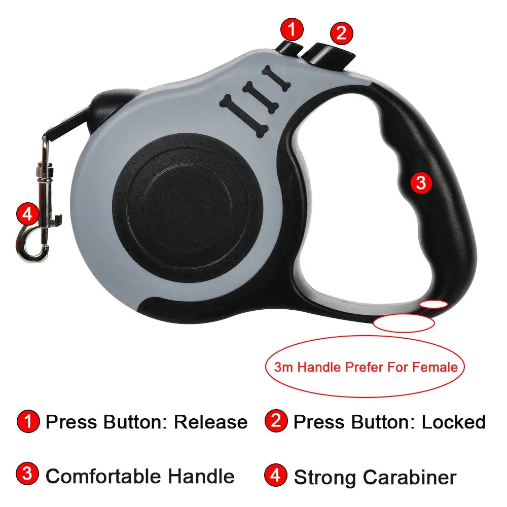 Retractable nylon dog leash, 3m, grey/black with ergonomic handle and metal clip