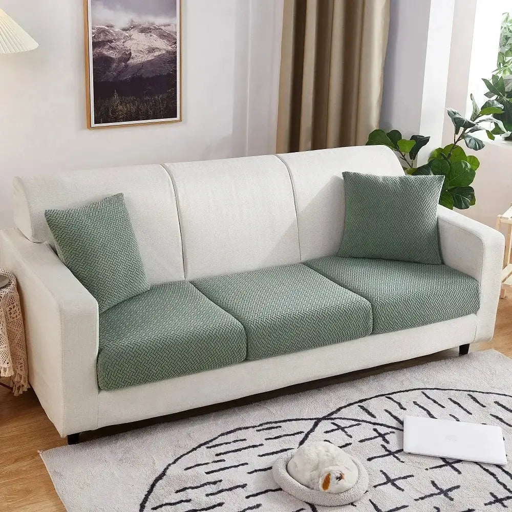 Thick jacquard sofa seat cushion covers for three cushions, green geometric pattern, removable furniture protector