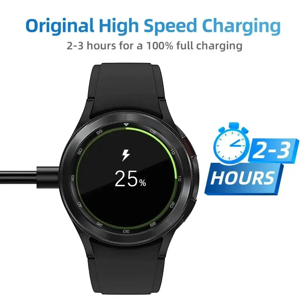 Simples Market USB-C charger for Samsung Galaxy Watch series; black smartwatch charging with 25% battery, original high-speed charging.