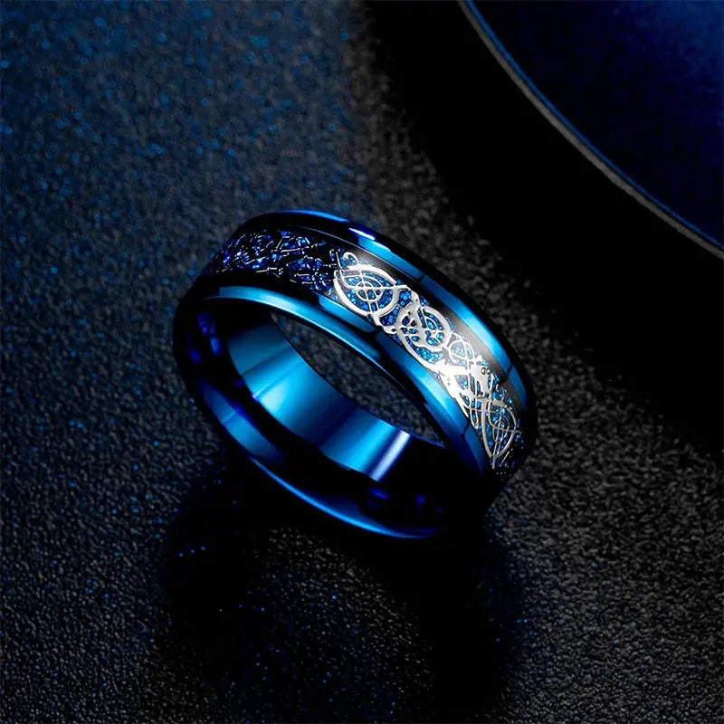 8mm black stainless steel Celtic dragon ring with silver knotwork, unisex fashion jewelry by Simples Market