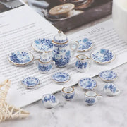 Fifteen Piece Dollhouse Miniature Tableware Set Porcelain Ceramic Teapot Tea Cups Milk Bottle Sugar Bowl Plates