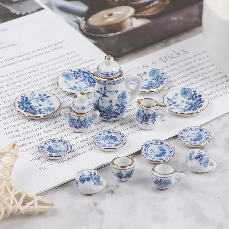 Fifteen Piece Dollhouse Miniature Tableware Set Porcelain Ceramic Teapot Tea Cups Milk Bottle Sugar Bowl Plates